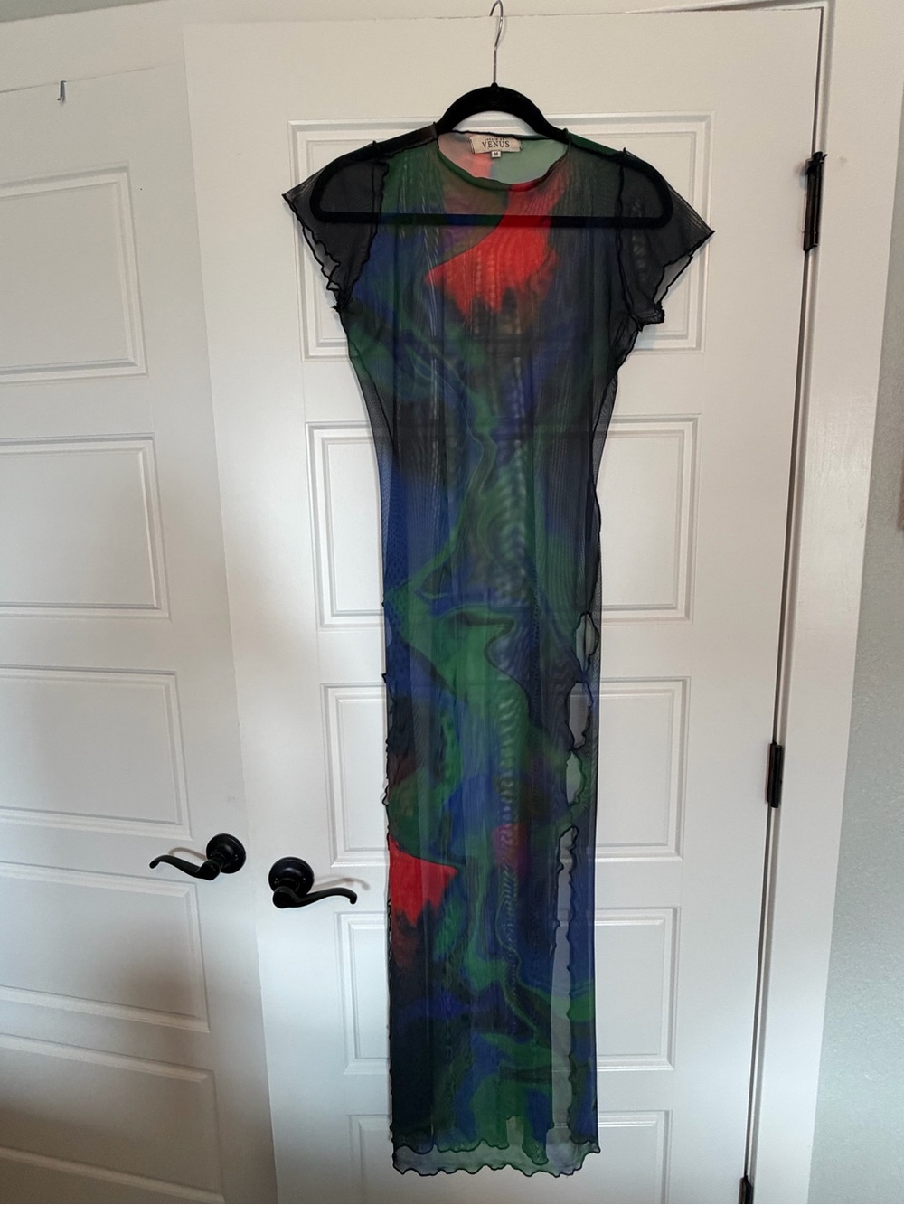 VENUS Sheer Multicolor Mesh Maxi Dress in Green, Blue & Red